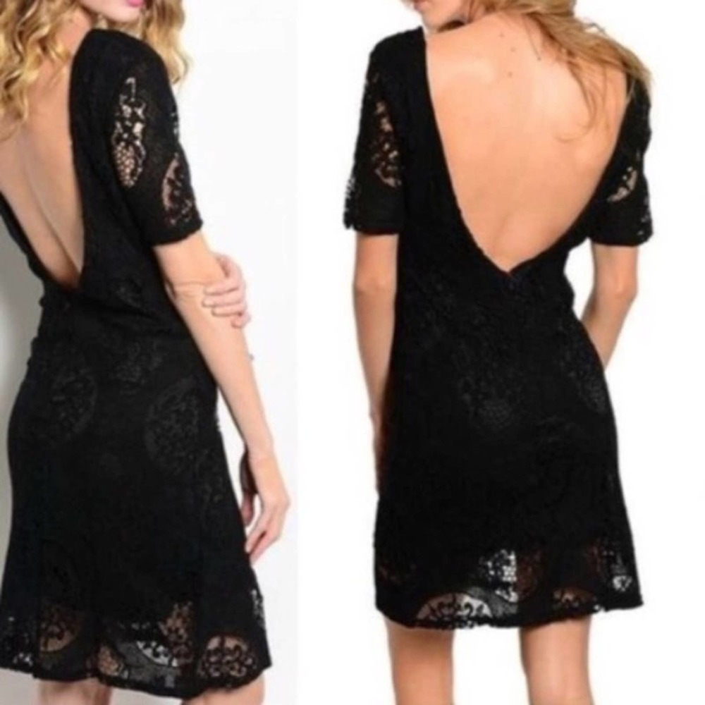 Black Lace Open Back Dress Small Boho Romantic Crochet Mini Midi LBD Cotton - Picture 6 of 7